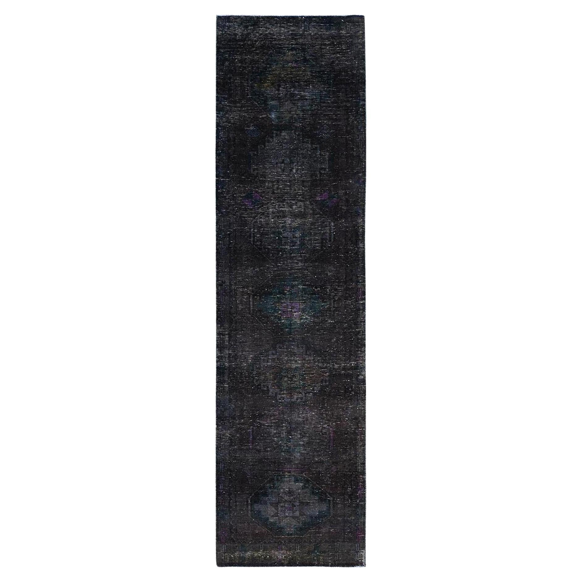 Tapis de course Hamadan Clean noué à la main, surteint, d'origine persane géométrique, de couleur noire