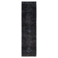 Black Hand Knotted Overdyed Vintage Persian Geometric Hamadan Clean Runner Rug