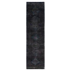 Black Hand Knotted Overdyed Retro Persian Geometric Hamadan Clean Runner Rug