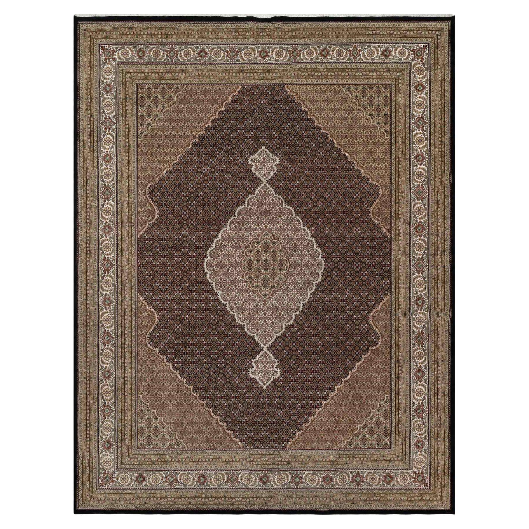 Black Hand Knotted Tabriz Mahi with Fish Design Hand Knotted Rug 11'8" x 15'2"