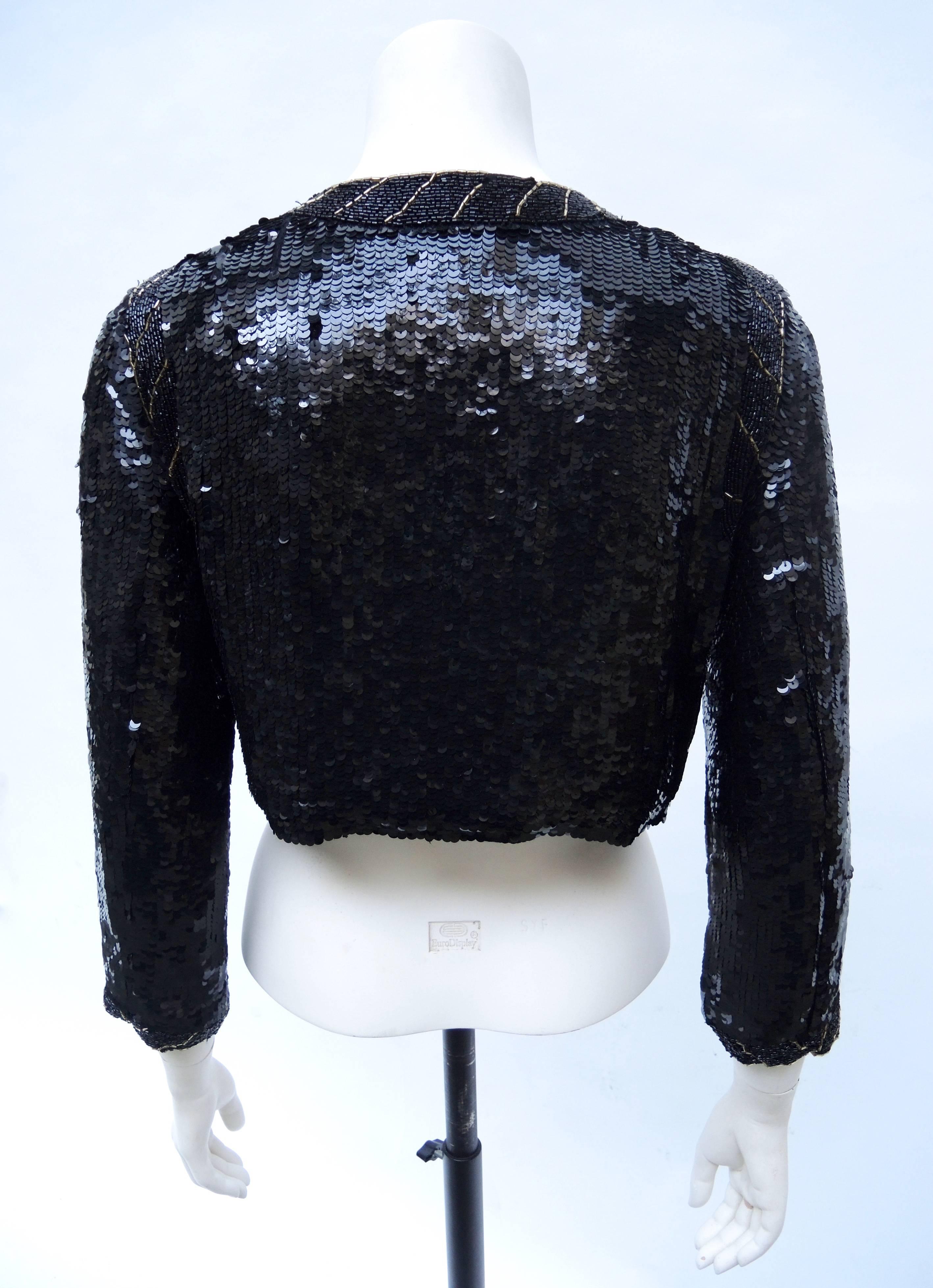 Black hand Sequinned Chanel Style  Beaded Jacket  In Good Condition In Antwerp, BE