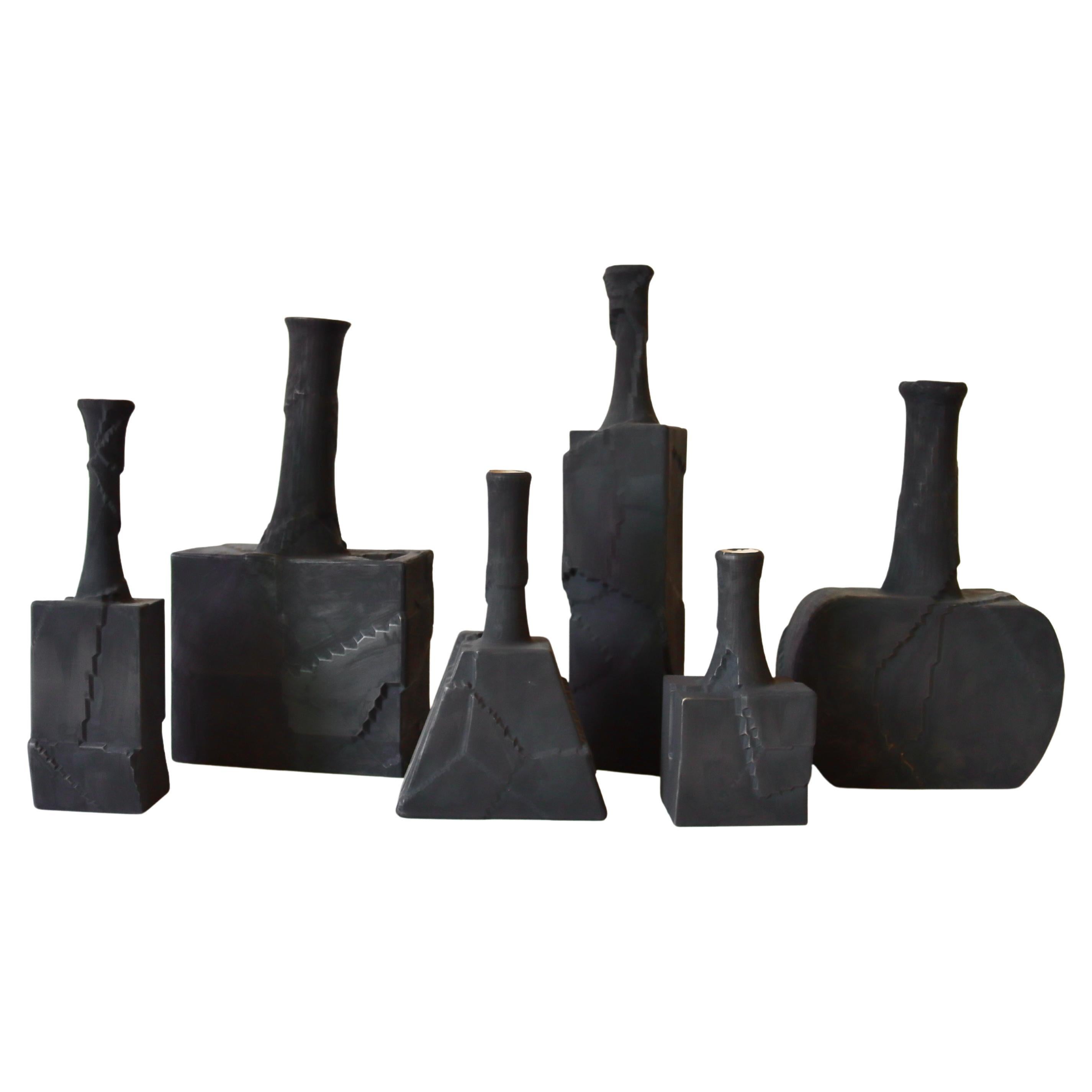 Black Handmade Ceramic Vase -  Peeling Texture, Minimalism (Set of 6)