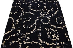 Black Handmade Modern Tibetan Wool & Silk Rug with Scroll Floral Pattern