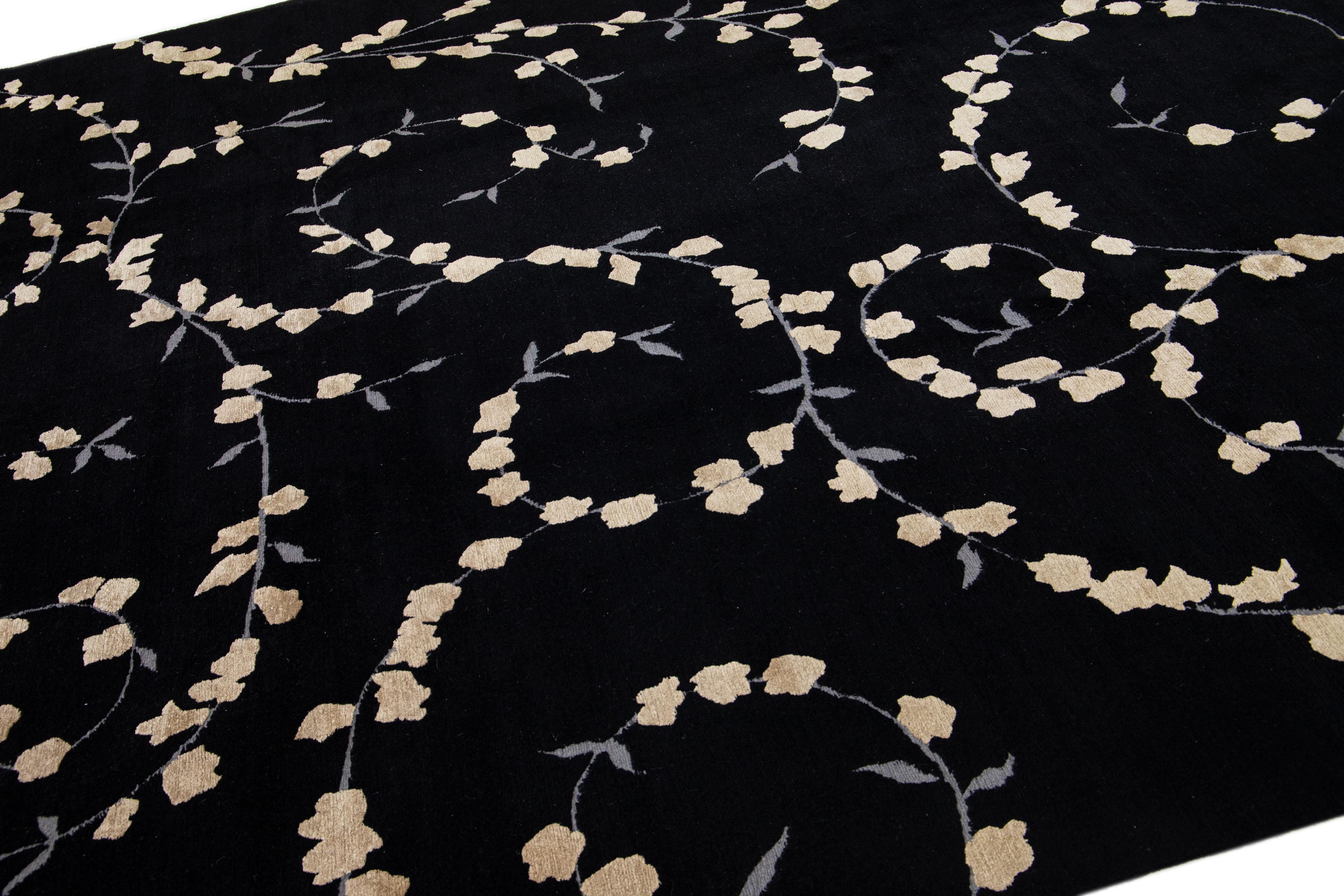 Mid-Century Modern Black Handmade Modern Tibetan Wool & Silk Rug with Scroll Floral Pattern For Sale