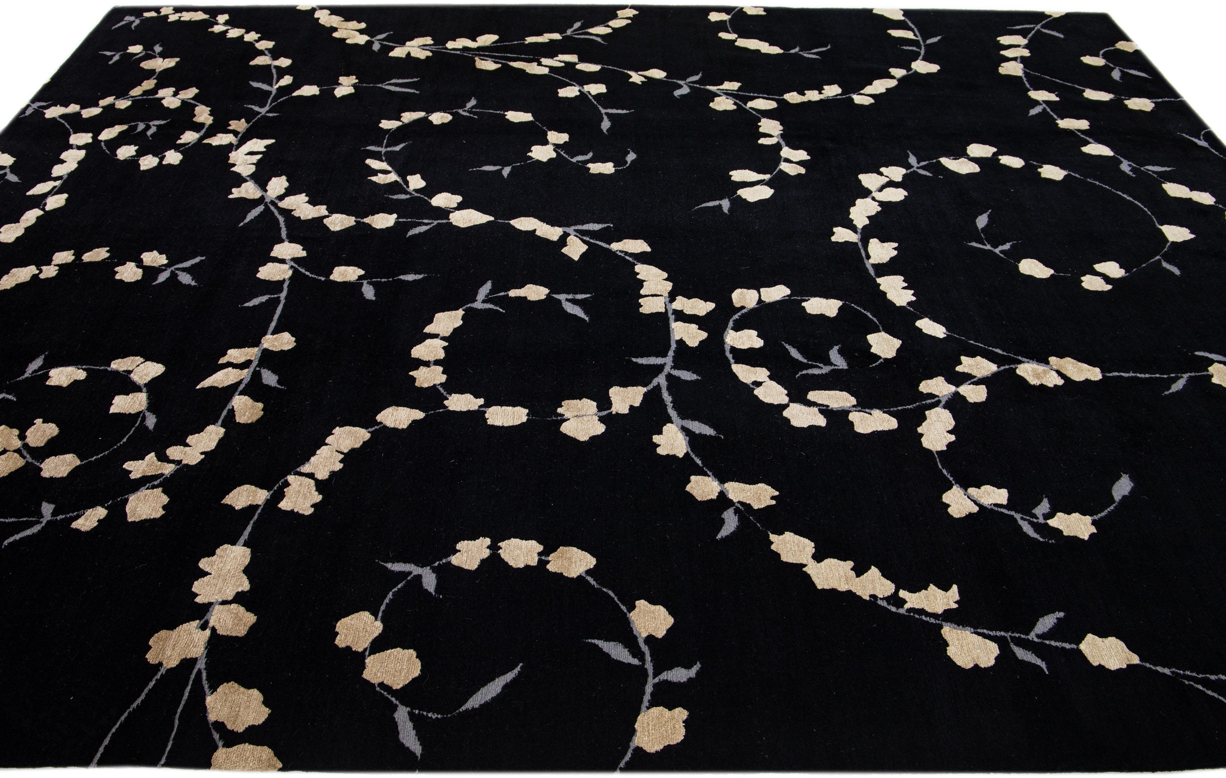 Hand-Knotted Black Handmade Modern Tibetan Wool & Silk Rug with Scroll Floral Pattern For Sale