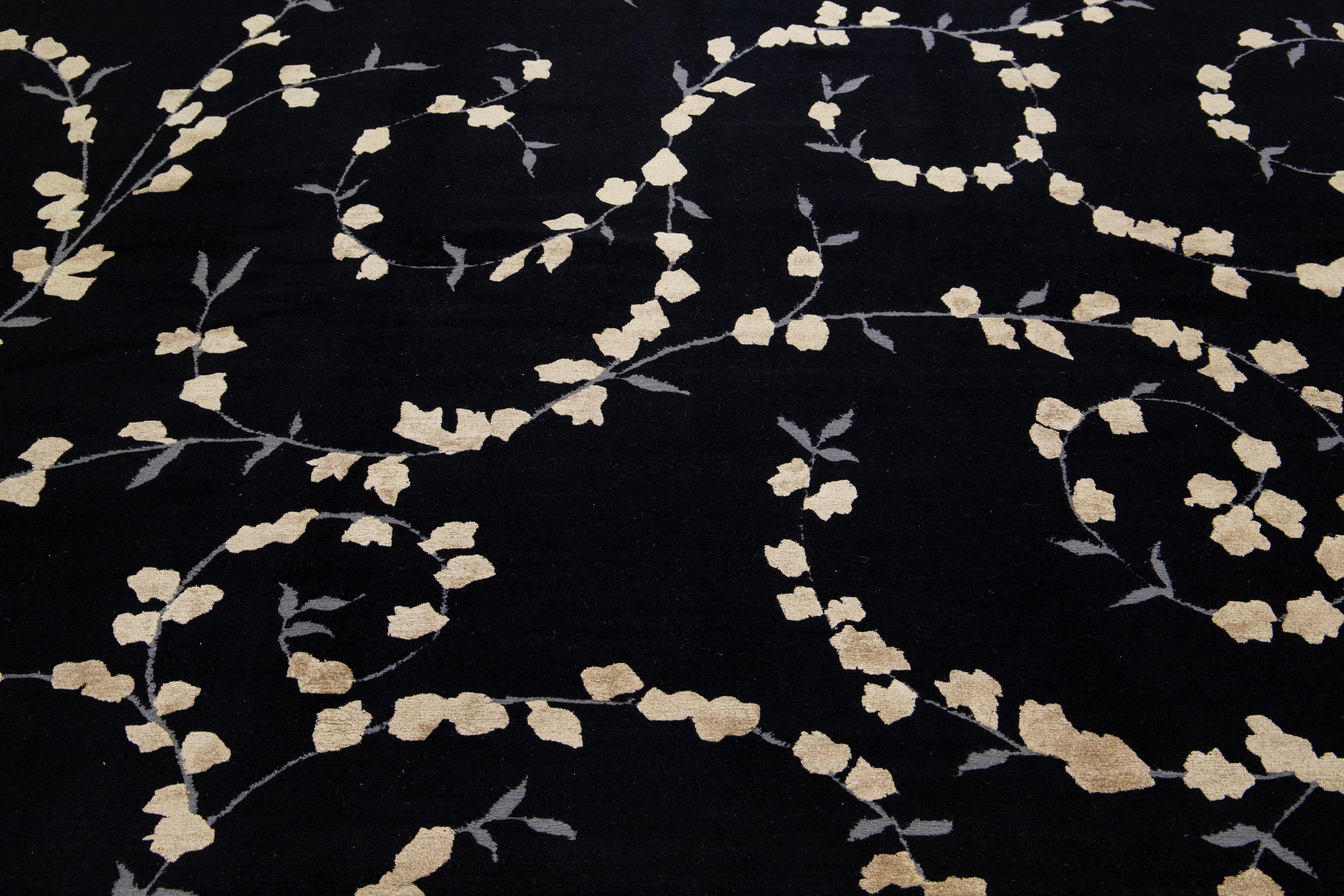 Contemporary Black Handmade Modern Tibetan Wool & Silk Rug with Scroll Floral Pattern For Sale