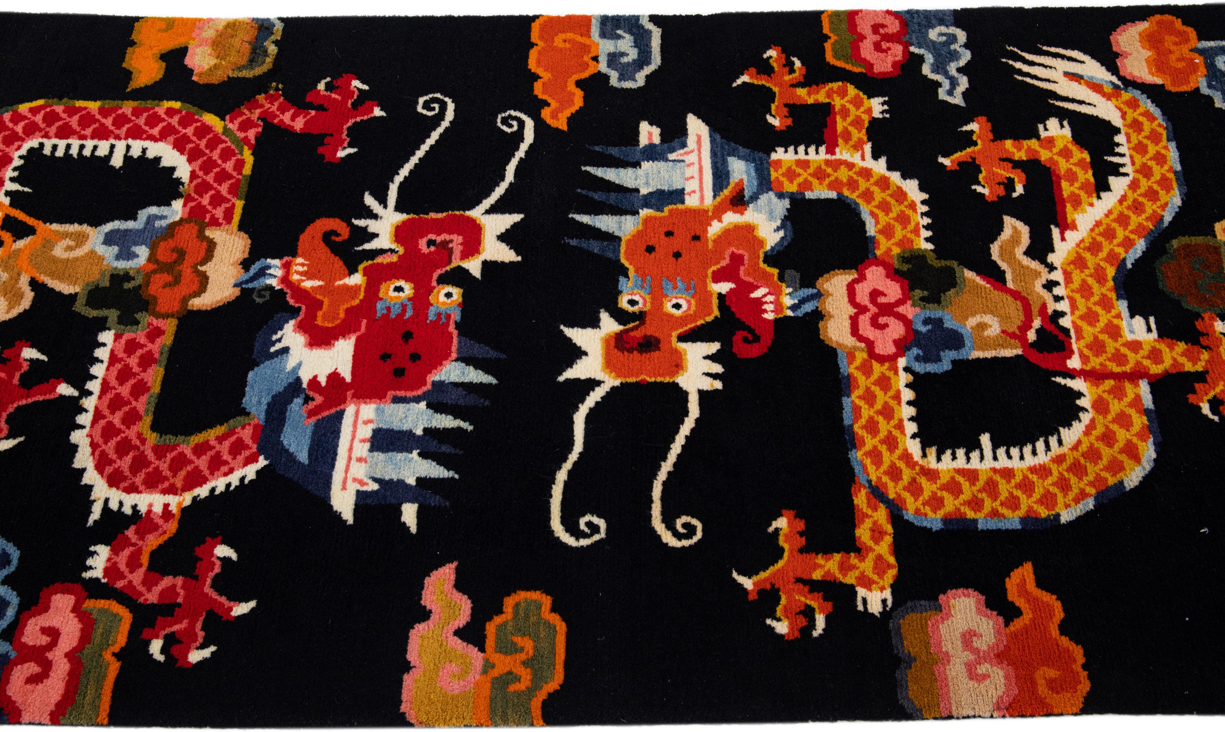 Chinese Chippendale Black Handmade Vintage Chinese Peking Scatter Wool Rug with Traditional Motif For Sale