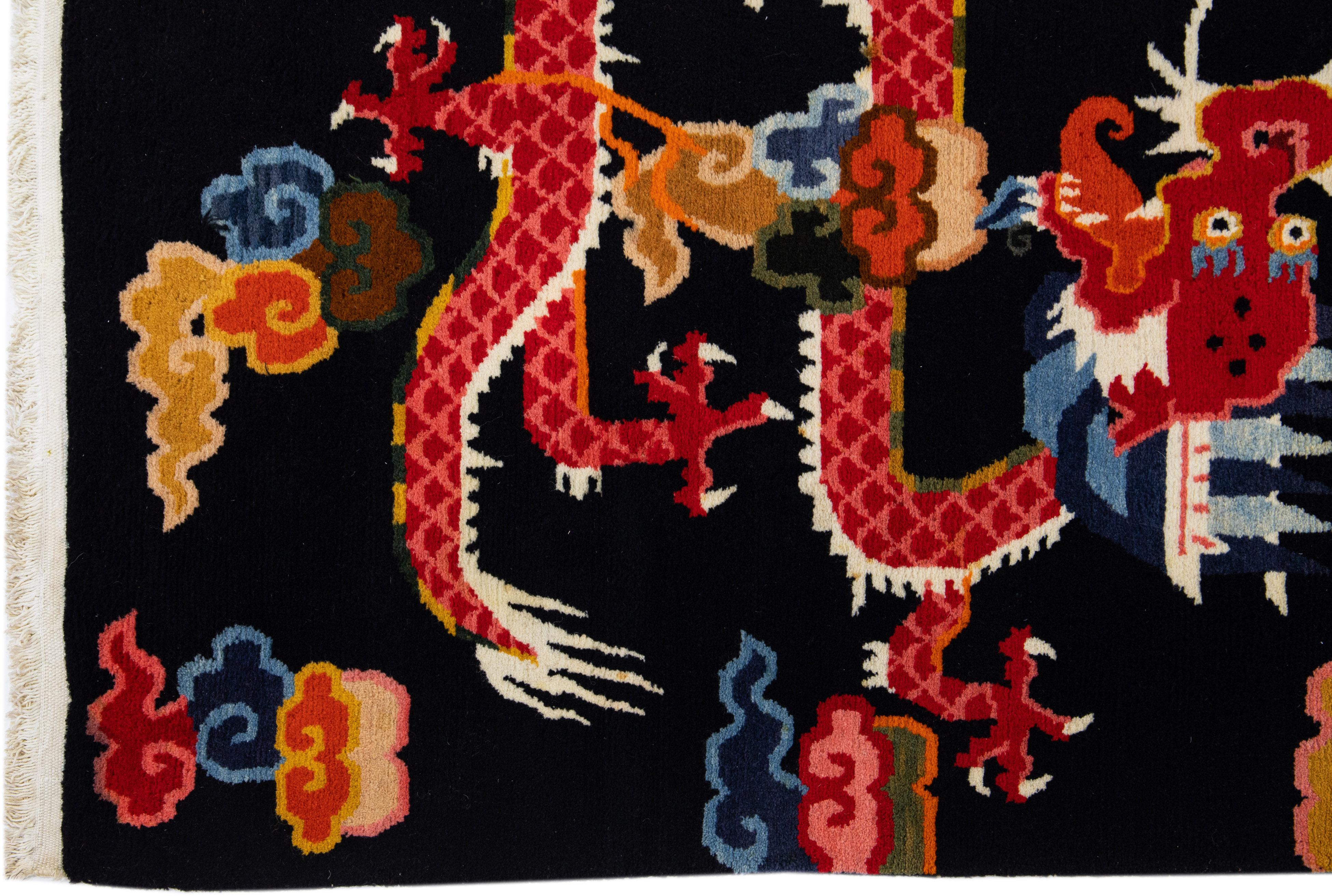Tibetan Black Handmade Vintage Chinese Peking Scatter Wool Rug with Traditional Motif For Sale