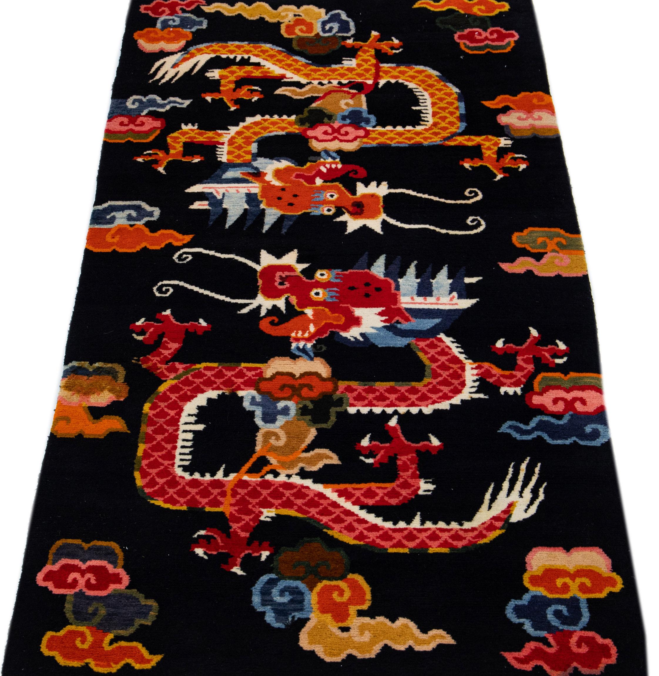Hand-Knotted Black Handmade Vintage Chinese Peking Scatter Wool Rug with Traditional Motif For Sale