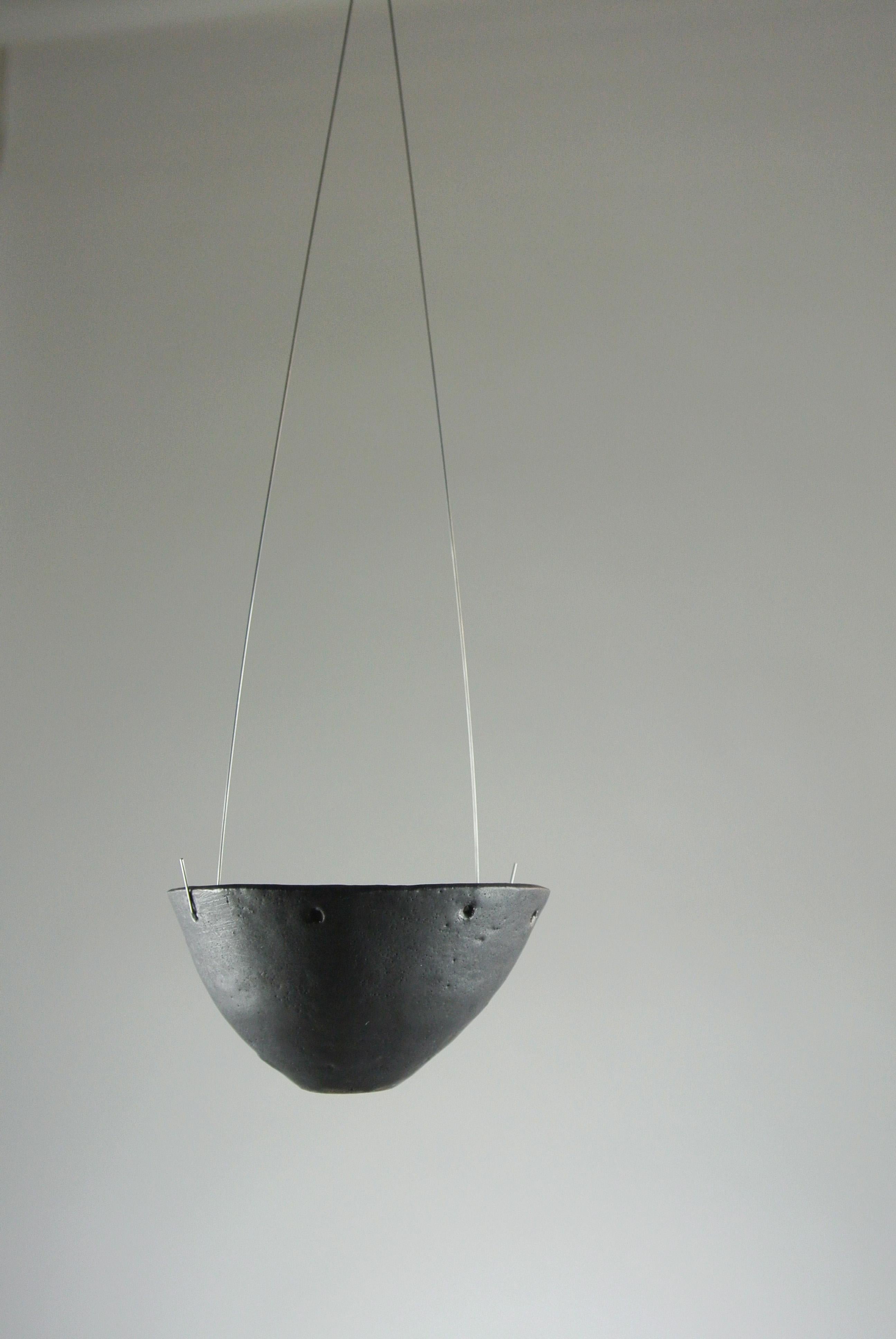 Organic Modern Black Hanging Stoneware Candleholder with Matte Black Glaze For Sale