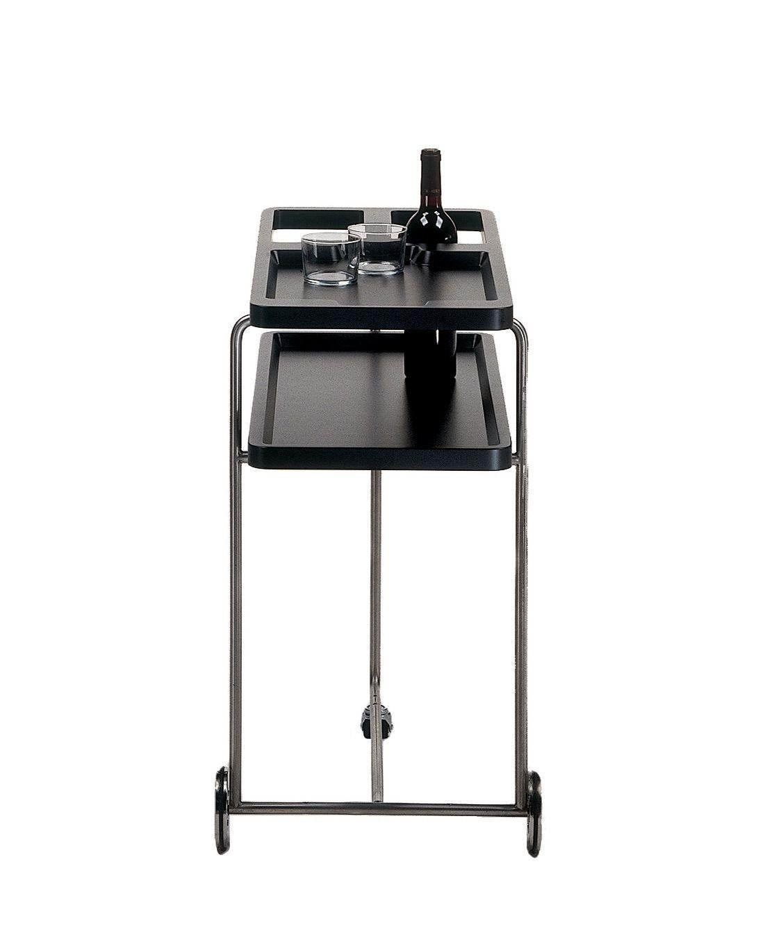 Black Happy Hour trolley by Alfredo Häberli
Dimensions: D 43 x W 91 x H 73 cm 
Materials: Chromed iron structure. Heat-shaped ABS+PMMA plastic trays, available painted with polyurethane micro-textured in matt white RAL 9003 or black RAL 9005. Back