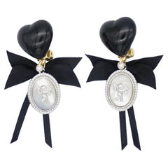 Black Heart Love Bow Silver Cupid Angel Moonstone Retro Drop Clip On Earrings