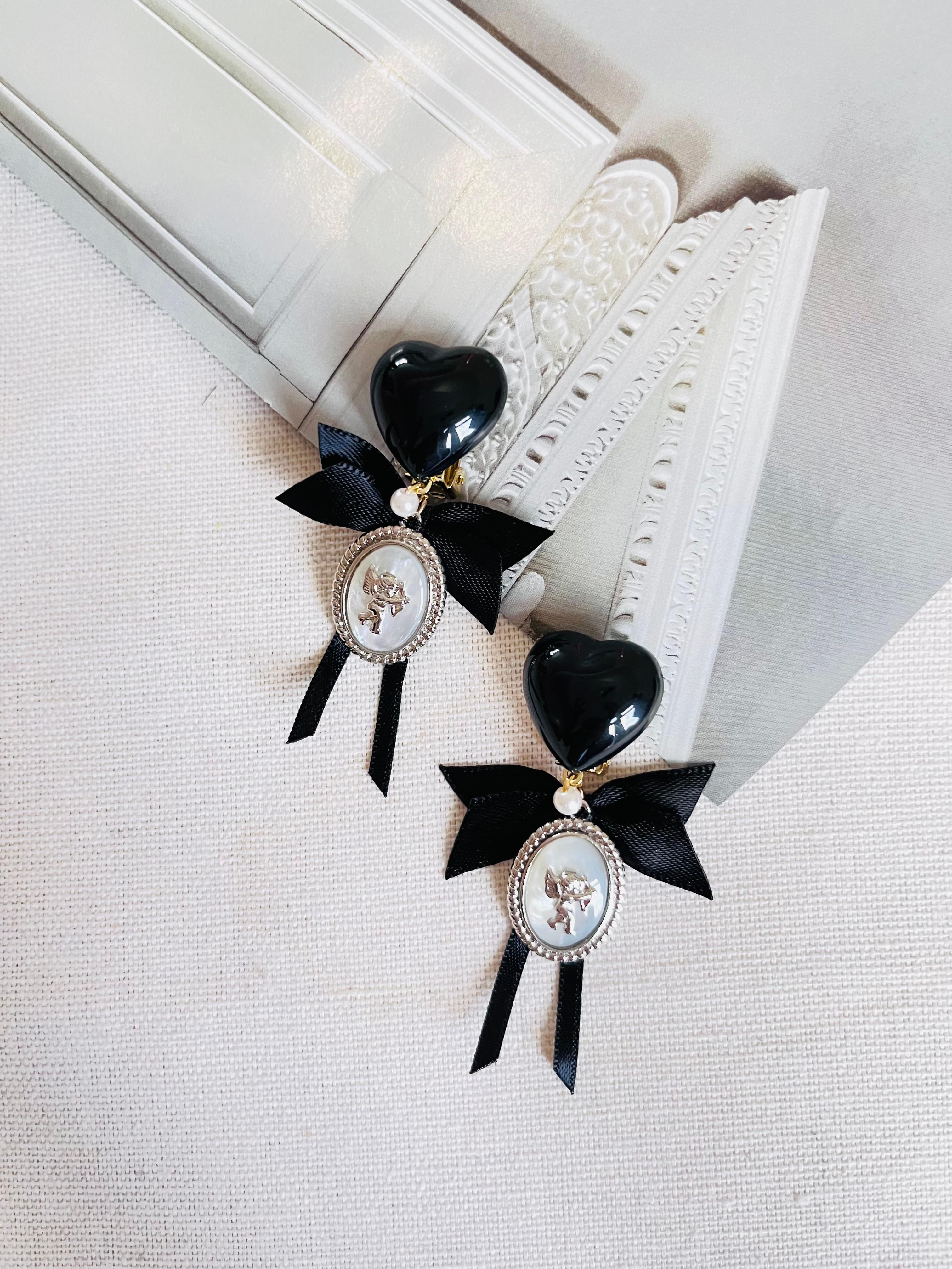 Black Heart Love Bow Silver Cupid Angel Moonstone Retro Drop Clip On Earrings In New Condition For Sale In Wokingham, England