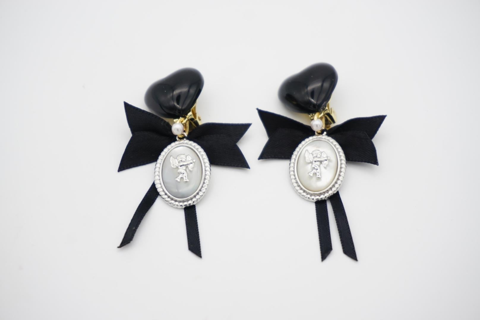 Black Heart Love Bow Silver Cupid Angel Moonstone Retro Drop Clip On Earrings For Sale 2