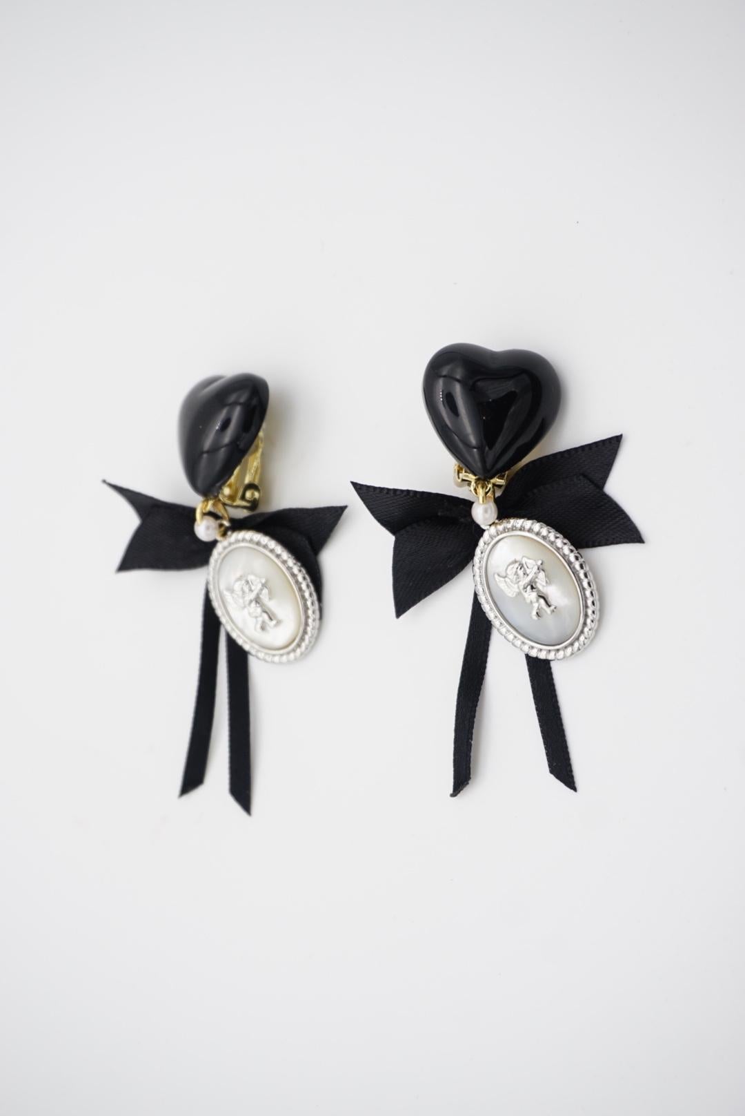Black Heart Love Bow Silver Cupid Angel Moonstone Retro Drop Clip On Earrings For Sale 3
