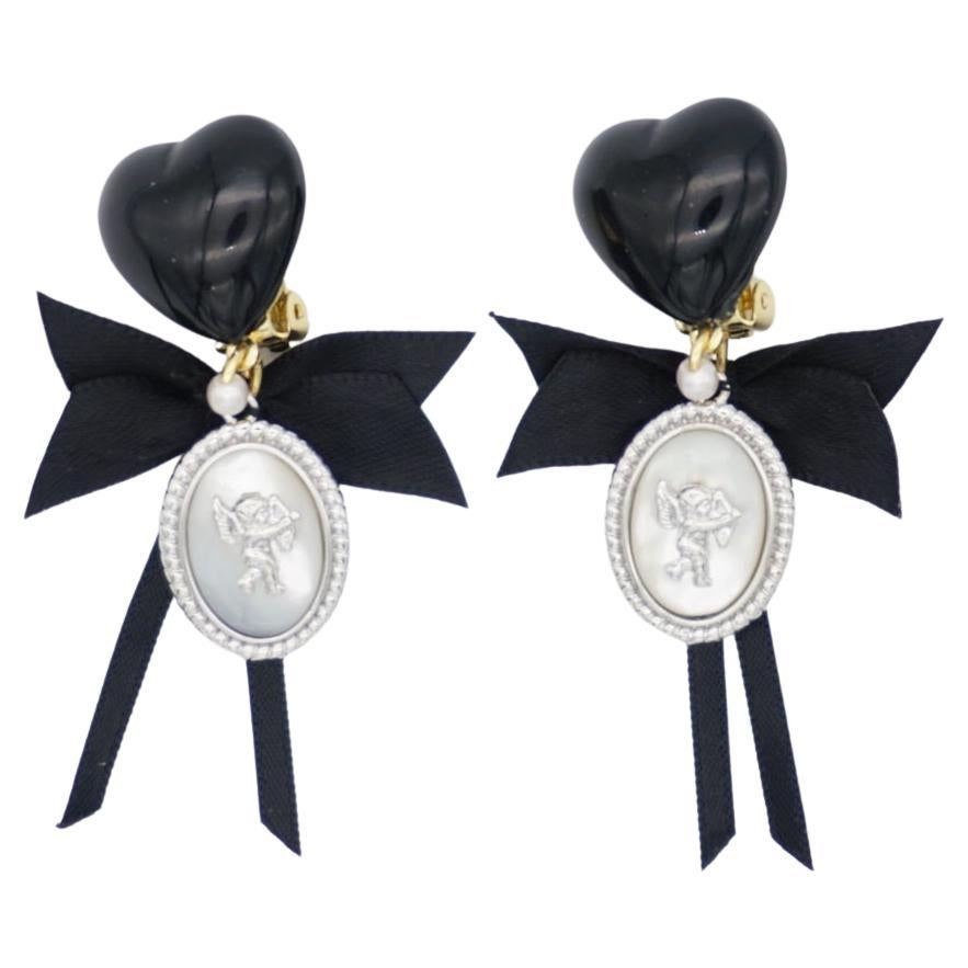 Black Heart Love Bow Silver Cupid Angel Moonstone Retro Drop Clip On Earrings For Sale