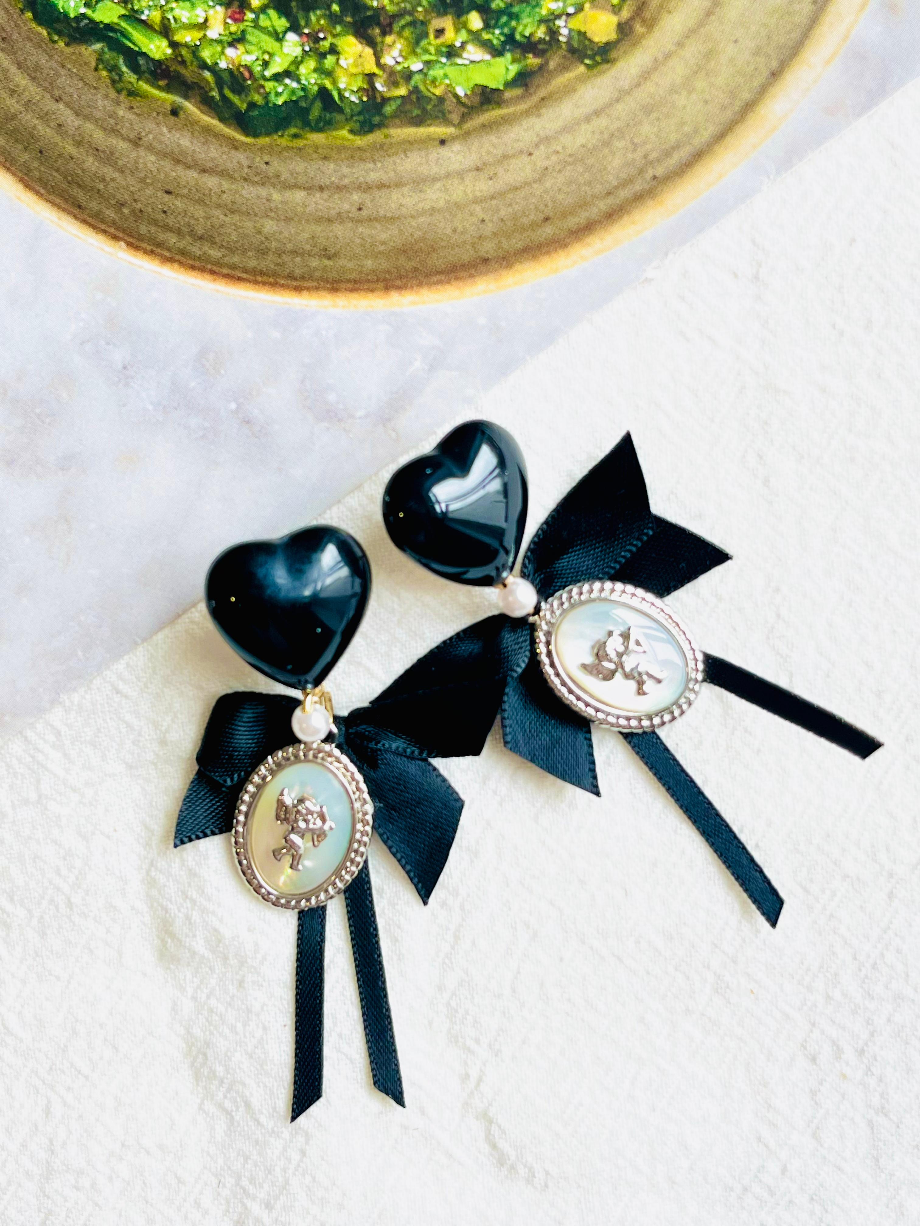 Art Deco Black Heart Love Bow Silver Cupid Angel Moonstone Retro Pierced Drop Earrings For Sale