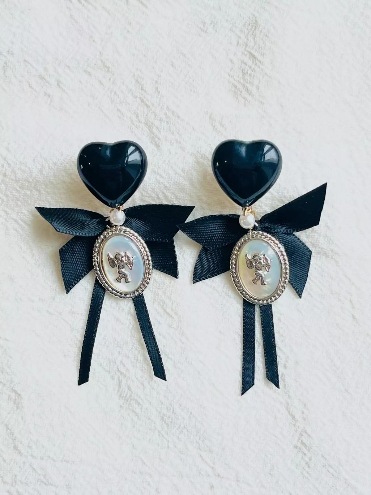 Black Heart Love Bow Silver Cupid Angel Moonstone Retro Pierced Drop Earrings For Sale 1