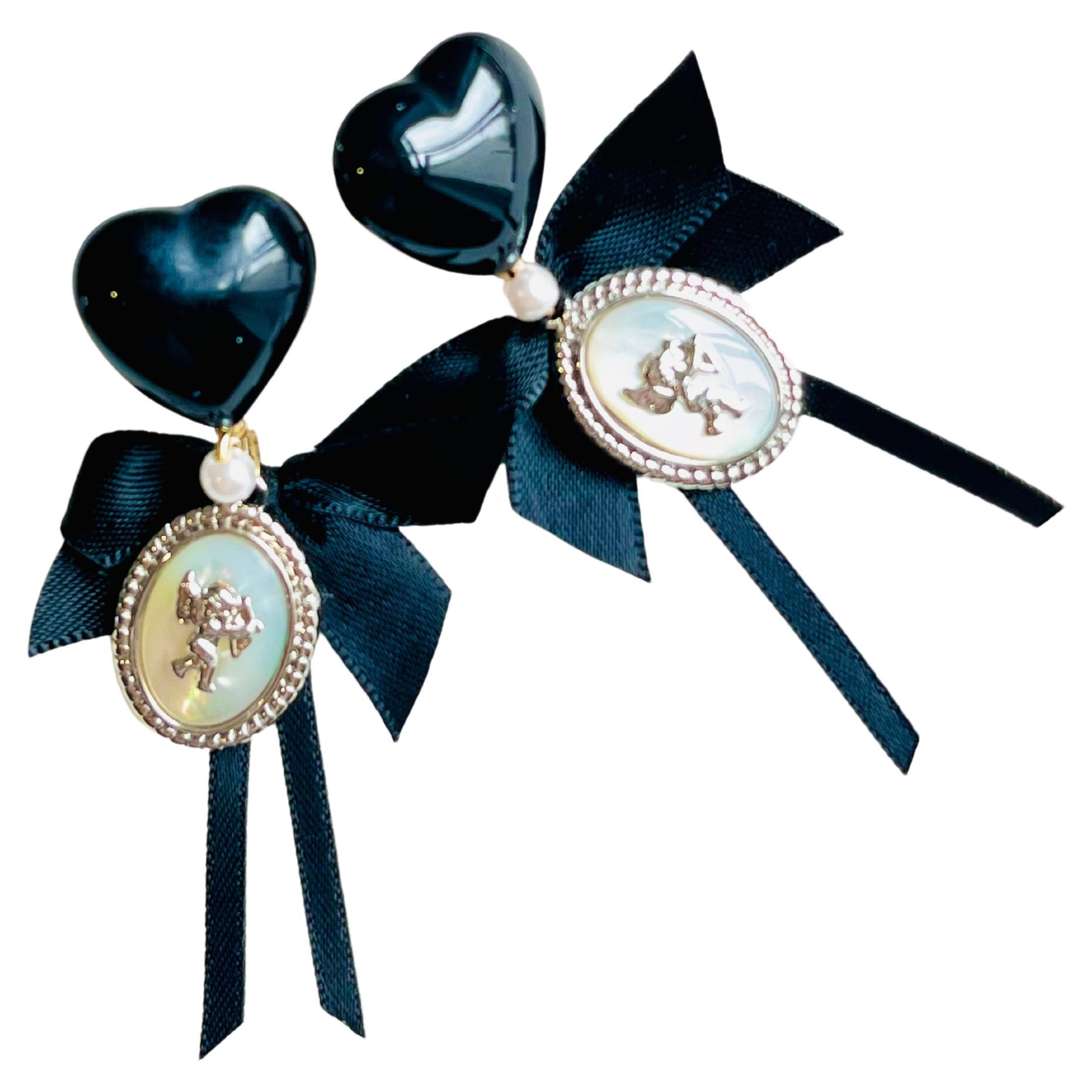 Black Heart Love Bow Silver Cupid Angel Moonstone Retro Pierced Drop Earrings For Sale