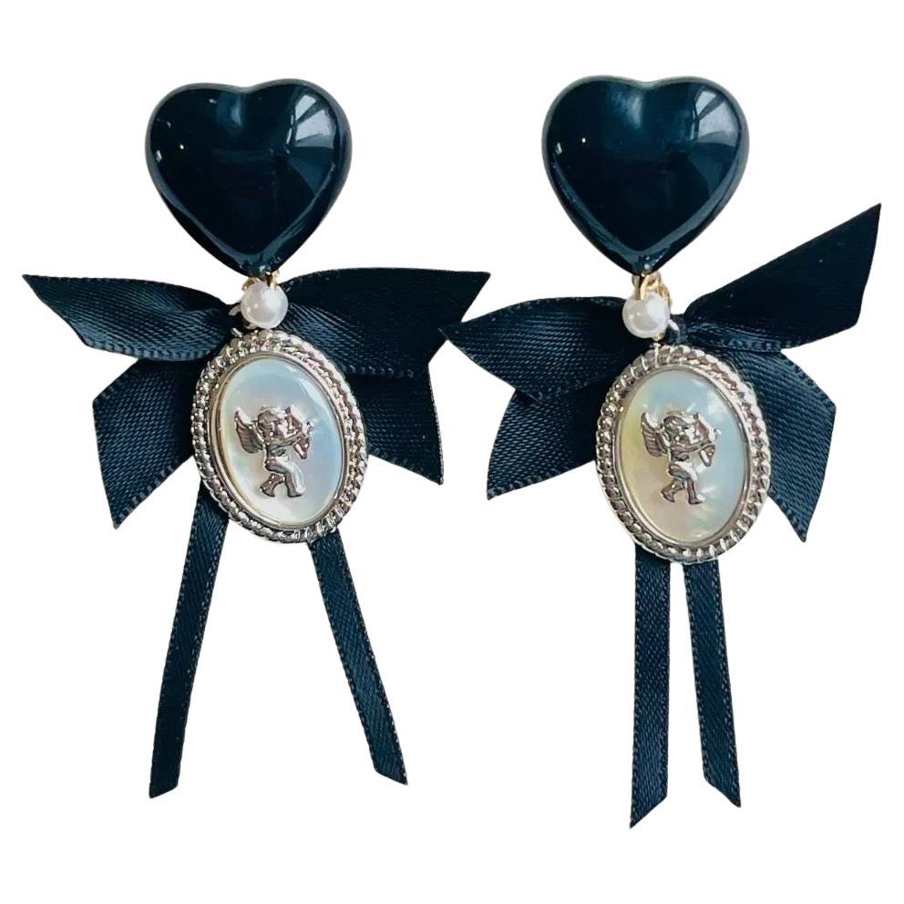 Black Heart Love Bow Silver Cupid Angel Moonstone Retro Pierced Drop Earrings For Sale
