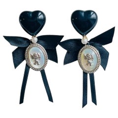 Black Heart Love Bow Silver Cupid Angel Moonstone Retro Pierced Drop Earrings