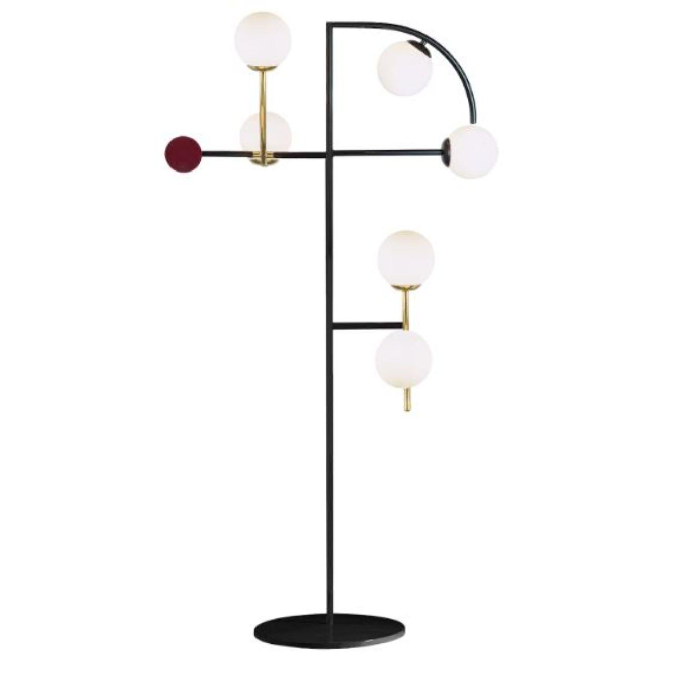 Black Helio floor lamp by Dooq
Dimensions: W 95 x D 30 x H 169 cm
Materials: lacquered metal, brass/nickel.
Also available in different colors and materials. 

Information:
230V/50Hz
6 x max. G9
4W LED

120V/60Hz
6 x max. G9
4W