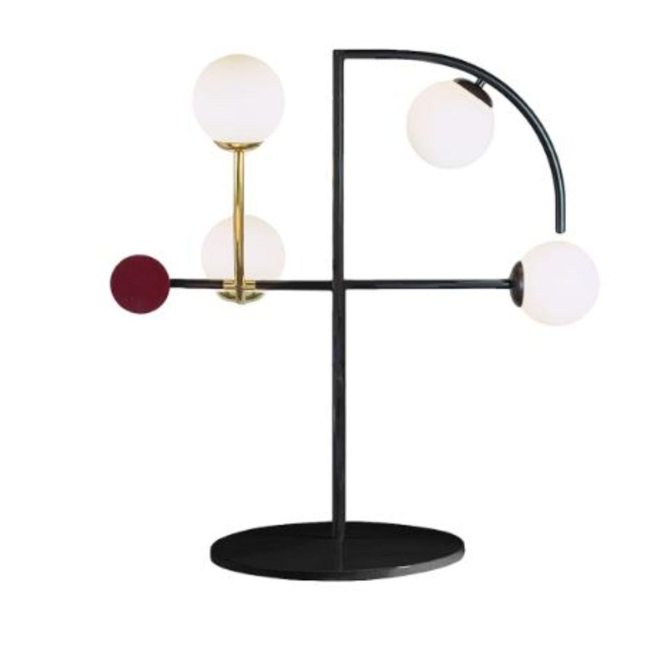 Black Helio table lamp by Dooq.
Dimensions: W 50 x D 25 x H 67 cm
Materials: lacquered metal, brass/nickel.
Also available in different colors and materials. 

Information:
230V/50Hz
4 x max. G9
4W LED

120V/60Hz
4 x max. G9
4W