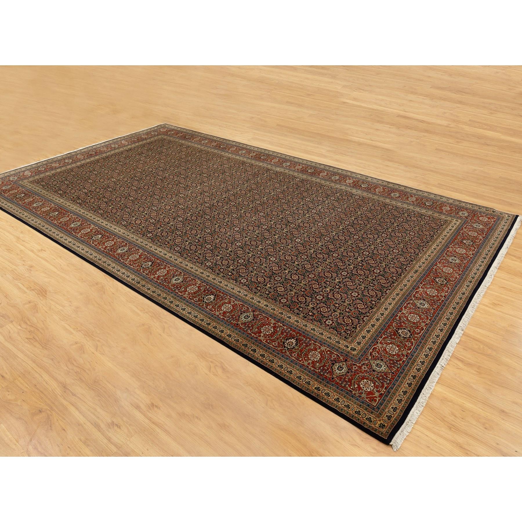Medieval Black Herati Fish Design 250 KPSI Hand Knotted Wool Gallery Size Rug 9'5