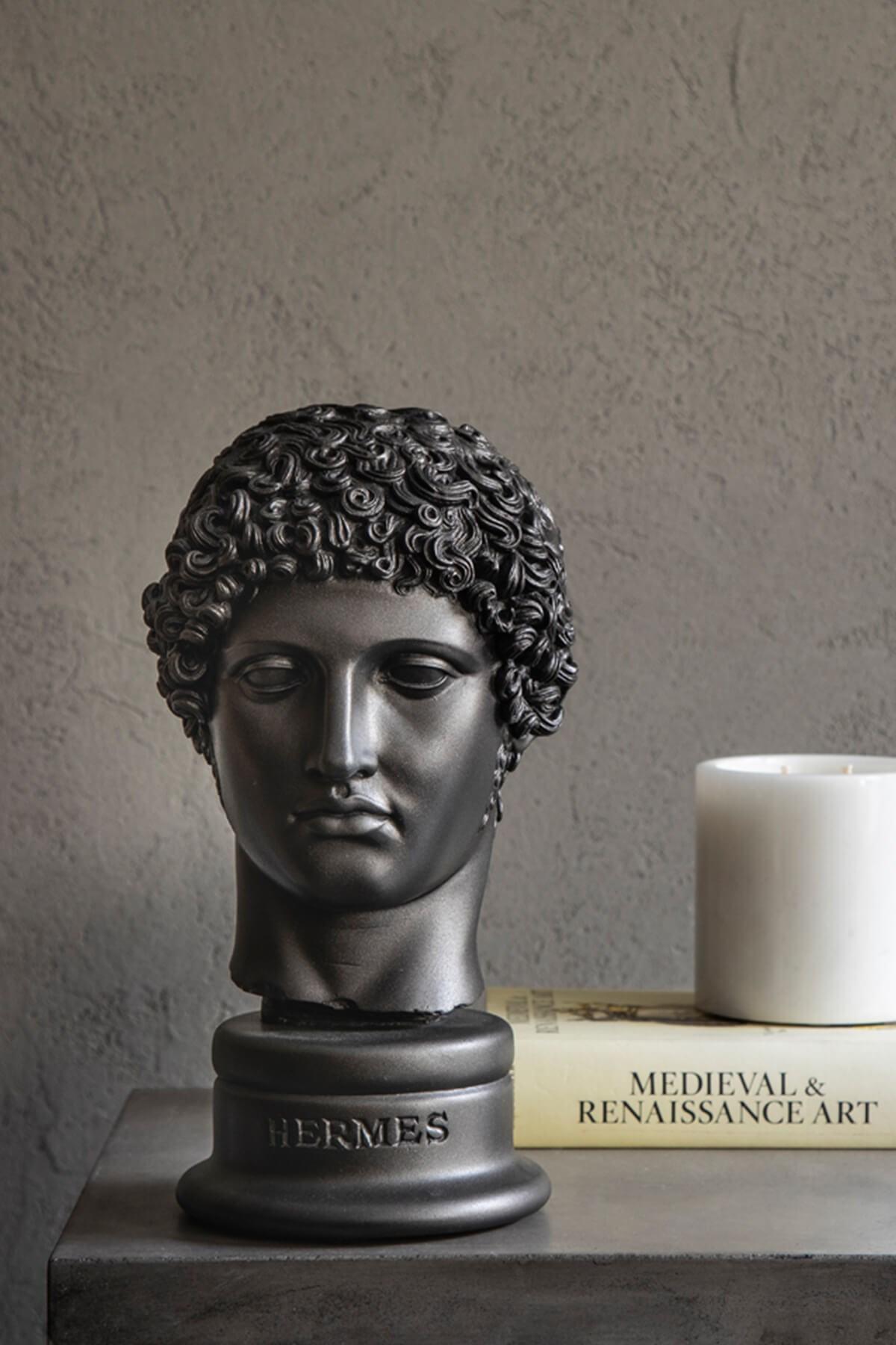 Black Hermes Bust Made with Compressed Marble Powder, Large In New Condition For Sale In İSTANBUL, TR