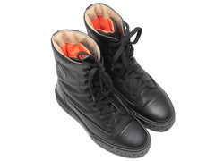 Black Hermes Leather Lace-Up Combat Boots Size 36