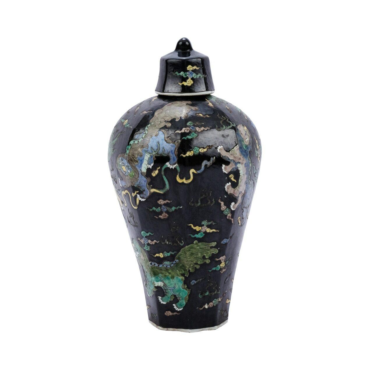 Black hex lidded prunus porcelain vase lion motif

Shape: Vase
Color: Black
Size (inches): 8.5W x 8.5D x 17H

Warranty Information: Each piece was handcrafted by skill and joy. Imperfection is part of the characters. Minor variation of