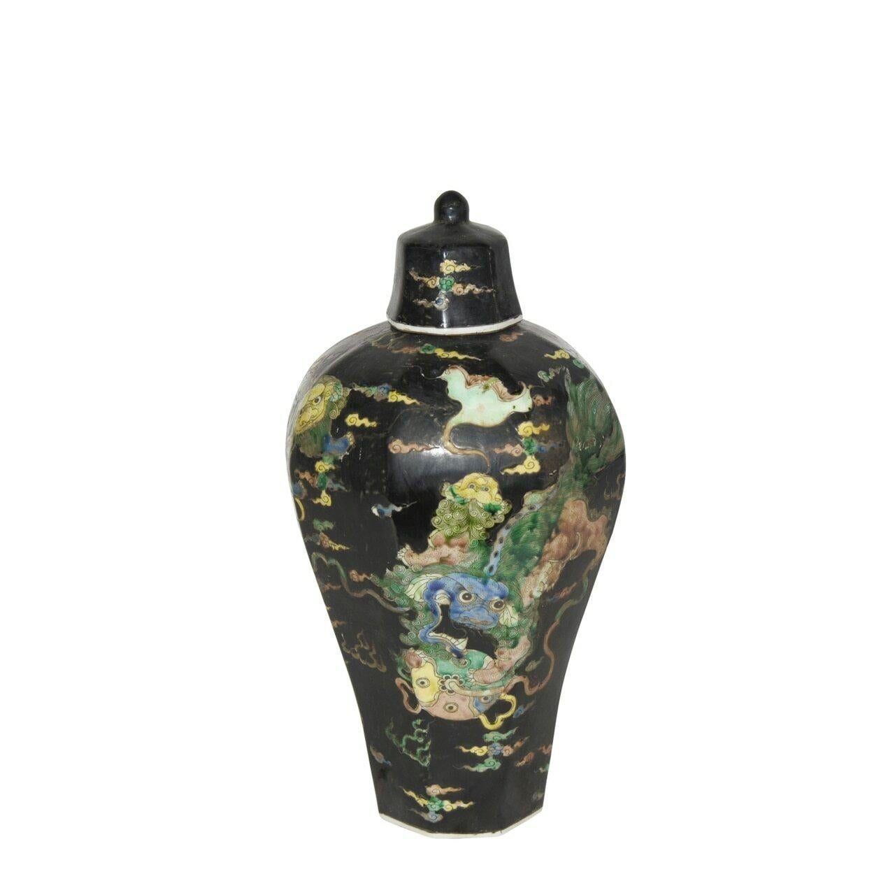Chinese Chippendale Black Hex Lidded Prunus Porcelain Vase Lion Motif For Sale
