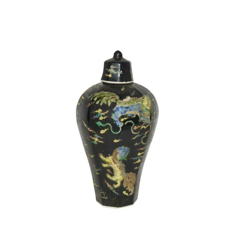 Chinese Black Hex Lidded Prunus Porcelain Vase Lion Motif For Sale