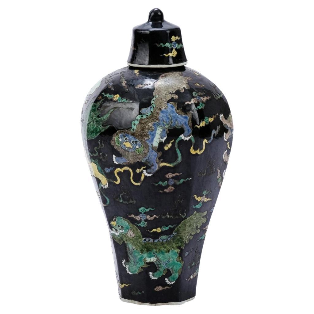 Black Hex Lidded Prunus Porcelain Vase Lion Motif For Sale