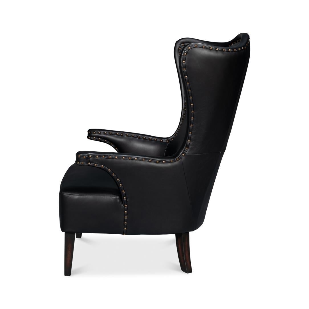 American Classical Black High Back Leather Wing Chair For Sale