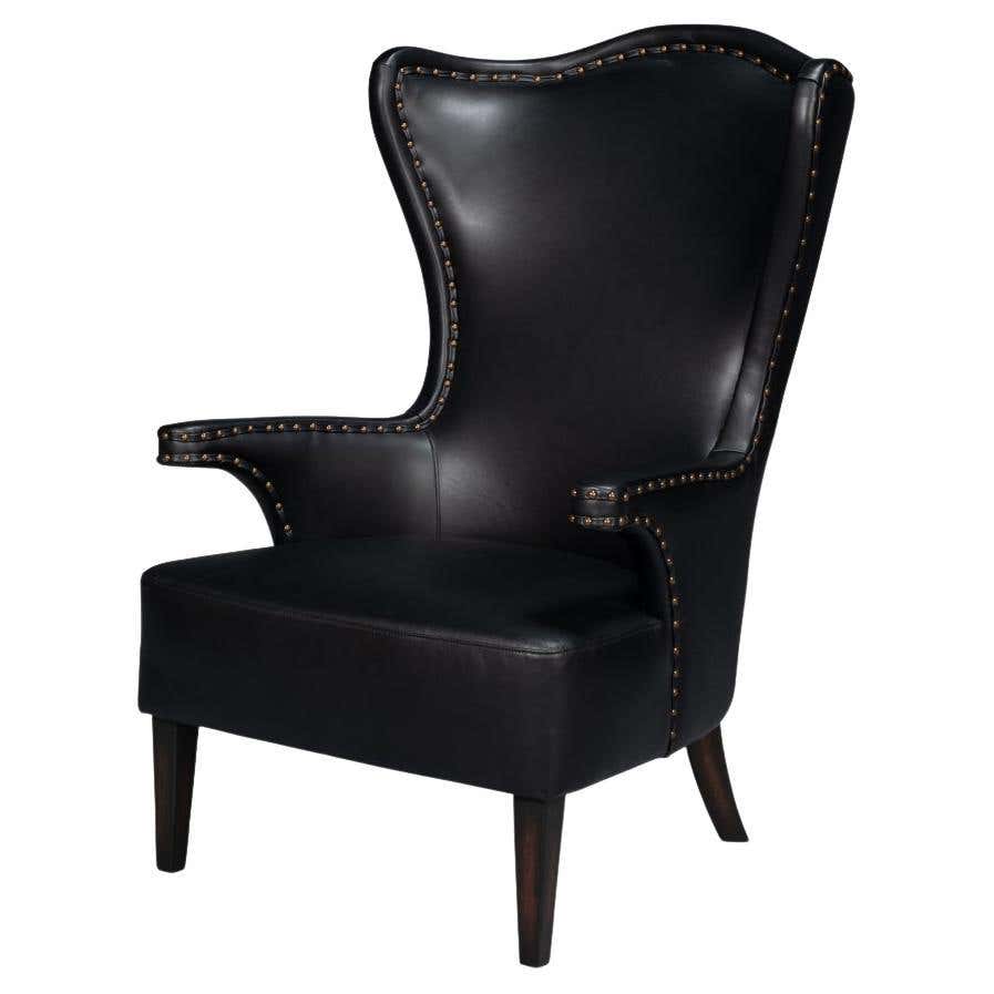 Dark Brown High Back Leather Wing Chair For Sale at 1stDibs