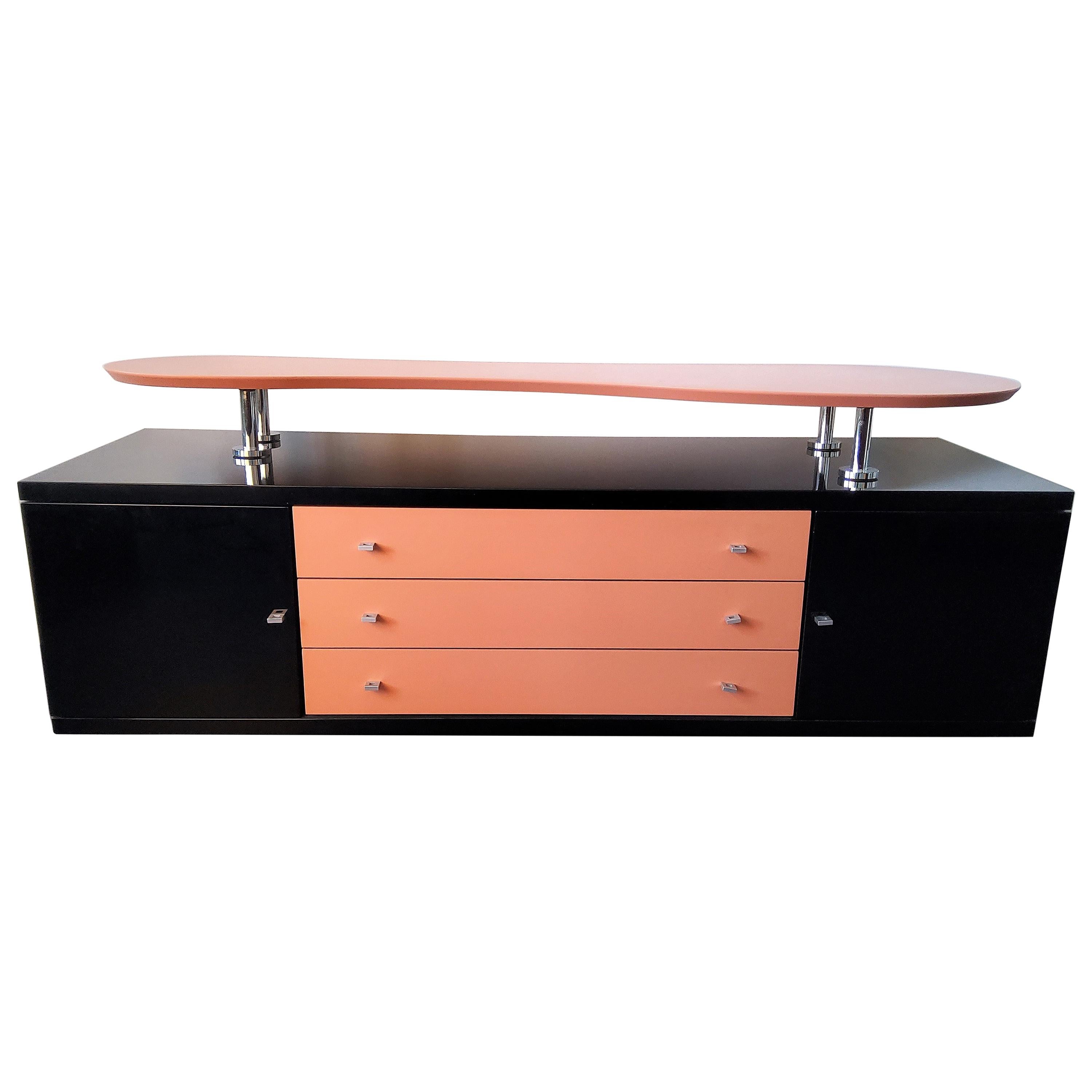 Black High Gloss Sideboard with Pink Details from Late 80's/Early 90's