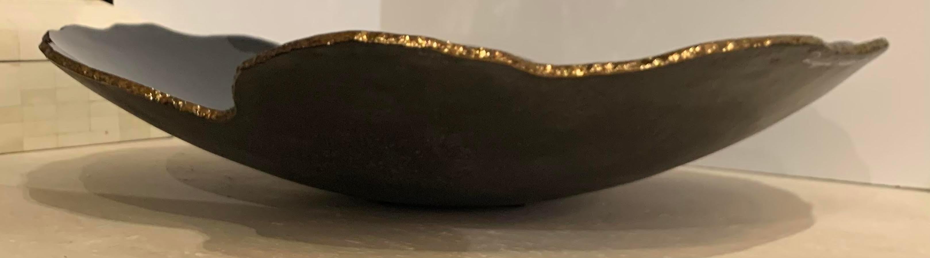 Brazilian Black High Gloss with Gold Edges Free Form Glass Bowl, Brazil, Contemporary