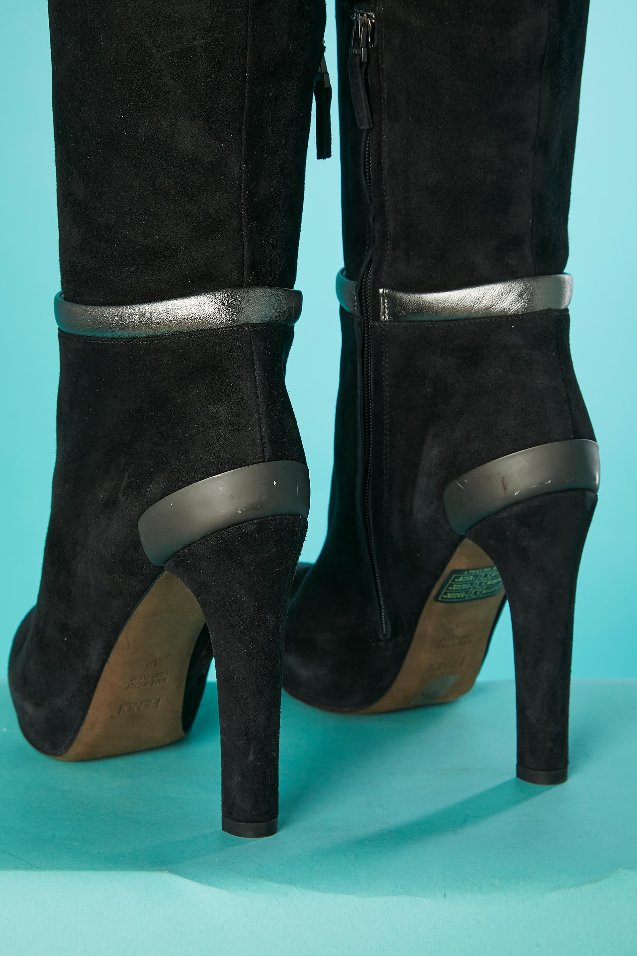 Women's Black high suede boots with silver leather details around ankle Fendi  For Sale