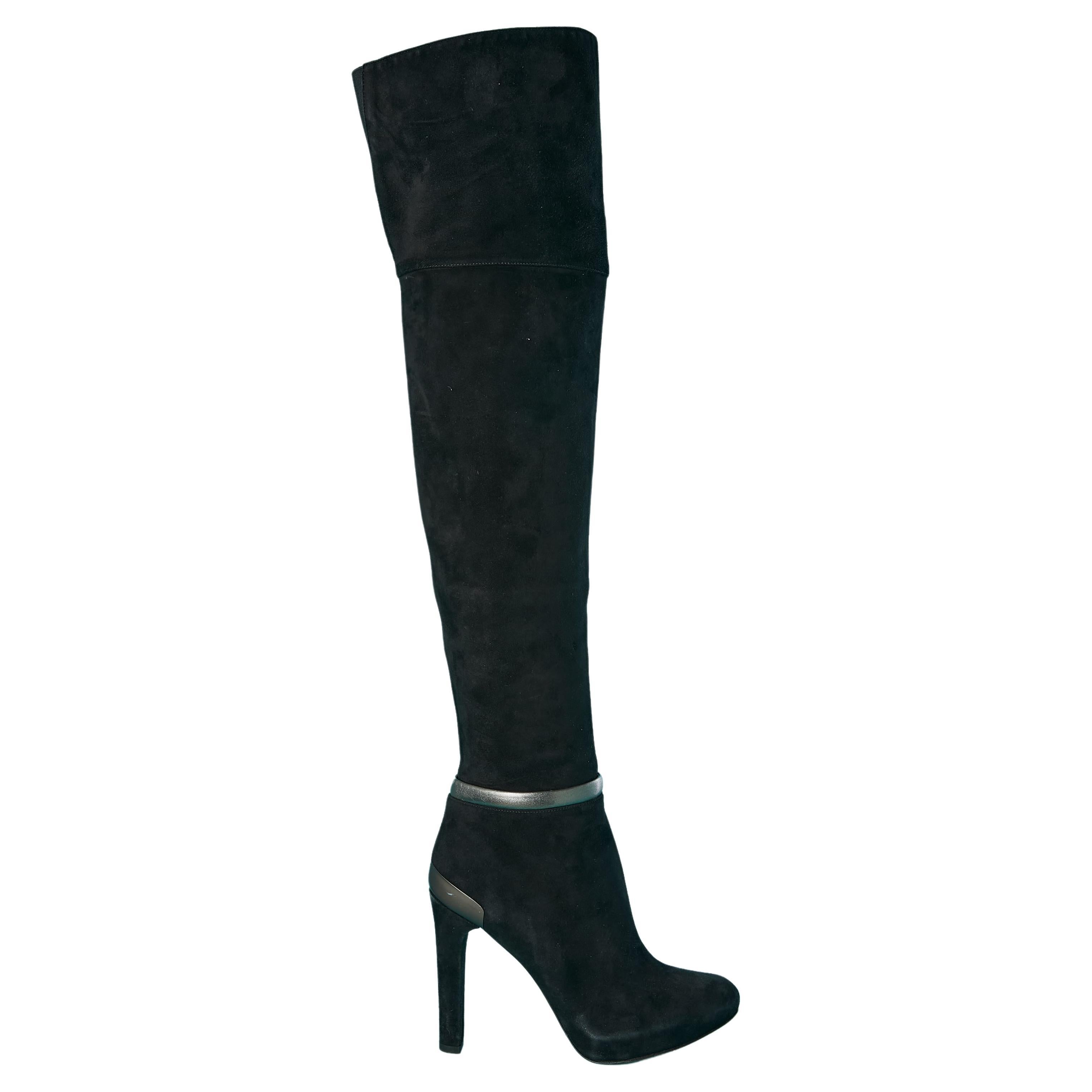 Black high suede boots with silver leather details around ankle Fendi  For Sale