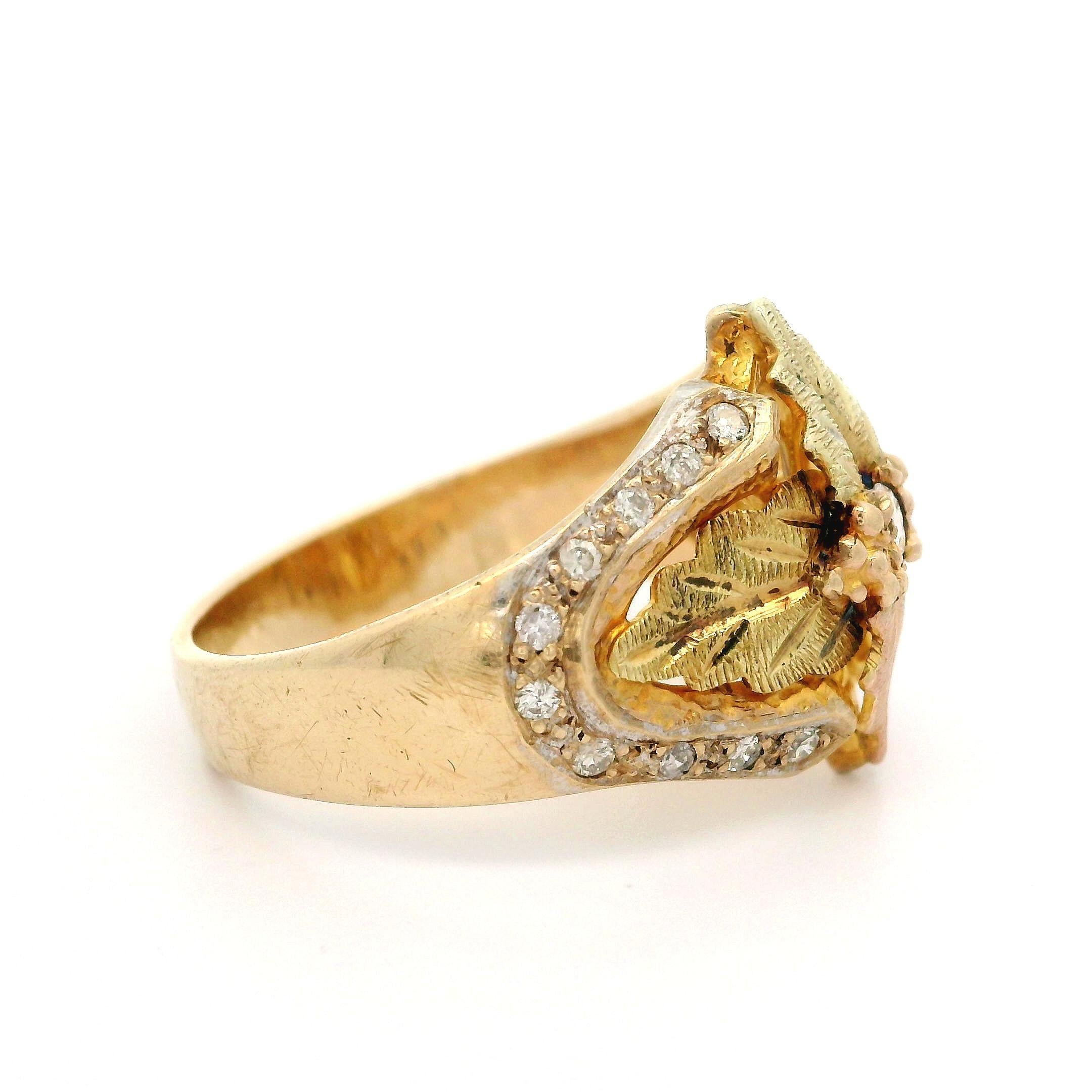 Black Hills 10k Tri Color Gold 0.20ctw Diamond Textured Work Leaf Band Ring For Sale 1