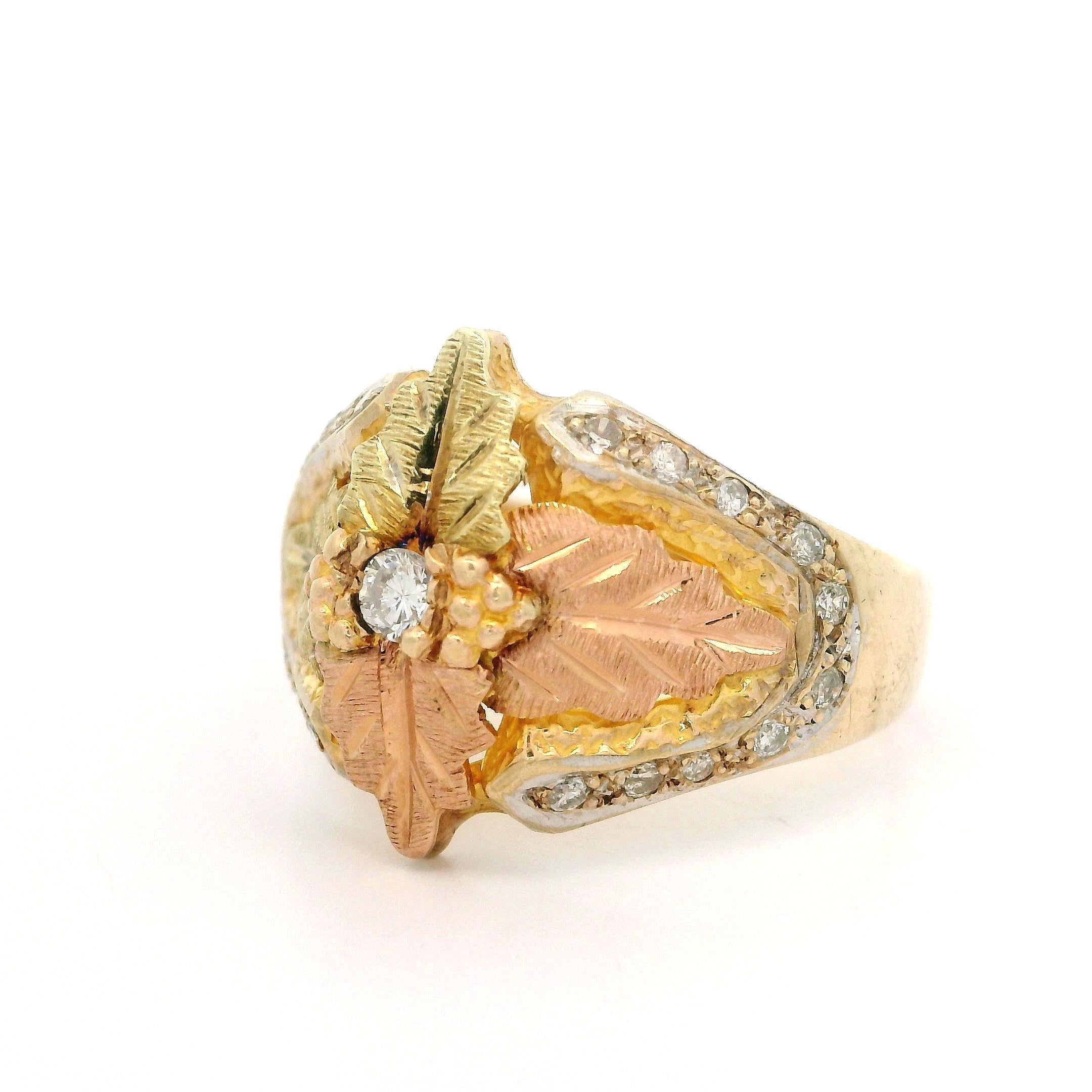 Black Hills 10k Tri Color Gold 0.20ctw Diamond Textured Work Leaf Band Ring For Sale 2