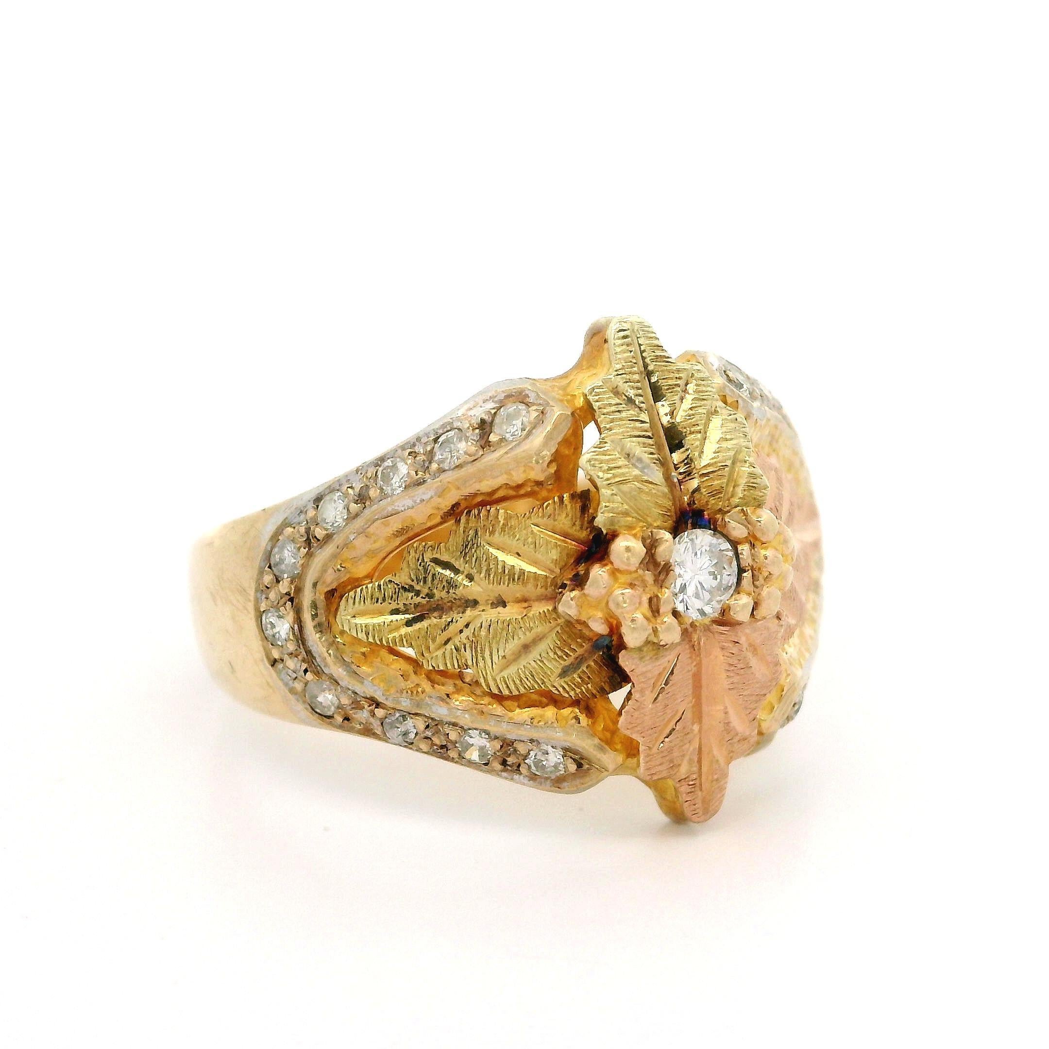 Black Hills 10k Tri Color Gold 0.20ctw Diamond Textured Work Leaf Band Ring For Sale 3