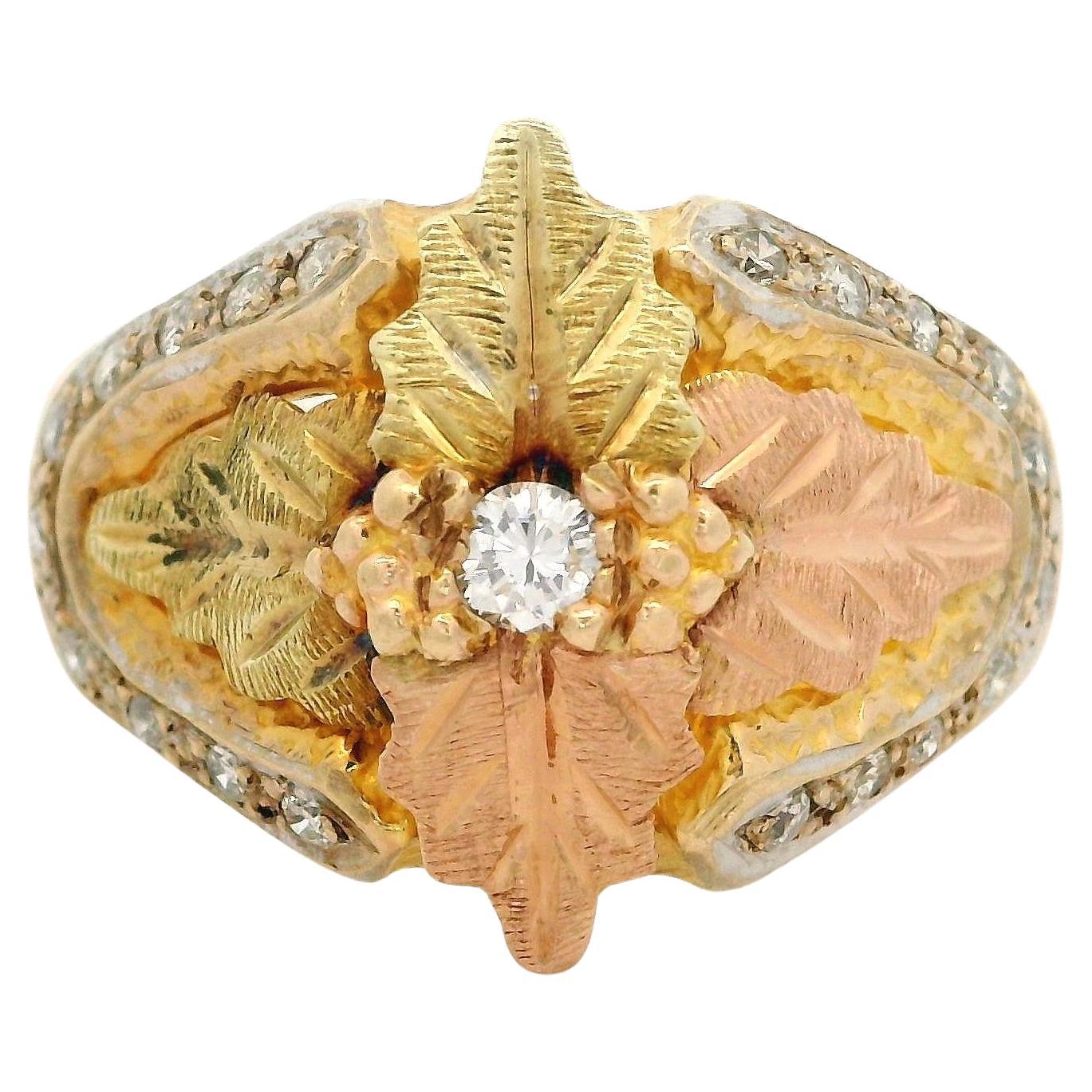 Black Hills 10k Tri Color Gold 0.20ctw Diamond Textured Work Leaf Band Ring For Sale