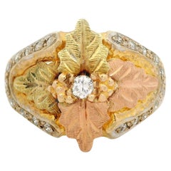 Black Hills 10k Tri Color Gold 0.20ctw Diamond Textured Work Leaf Band Ring