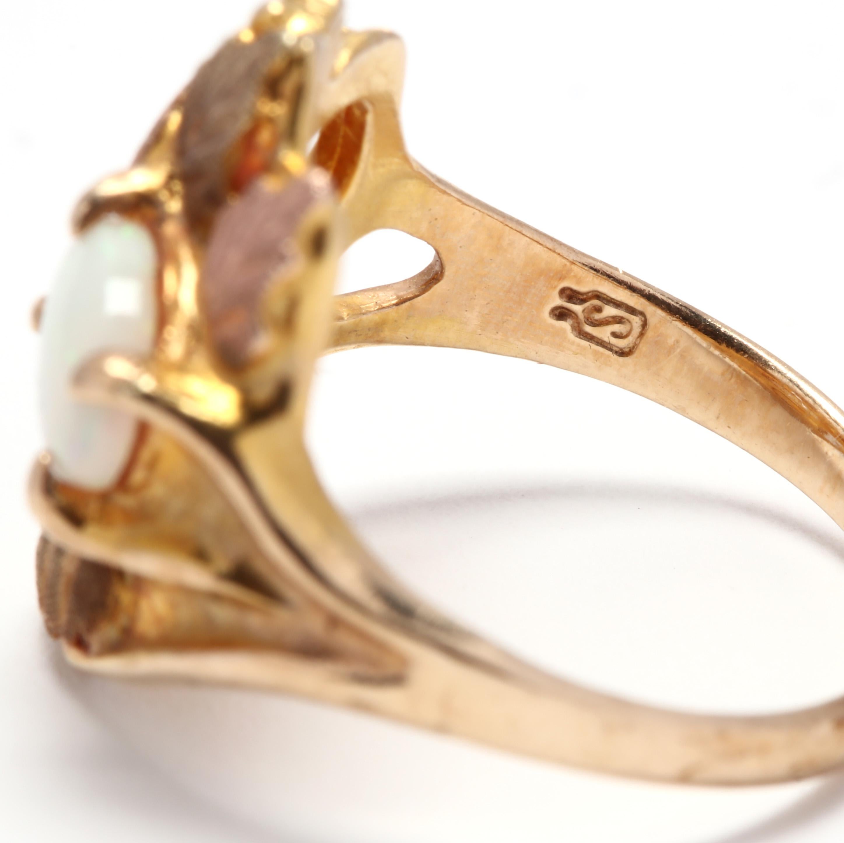 Oval Cut Black Hills 10 Karat Tri-Color Gold and Opal Leaf Ring