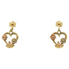 Black Hills Gold 14k Tri Color Heart with Flower Dangle Earrings 1.7 Grams