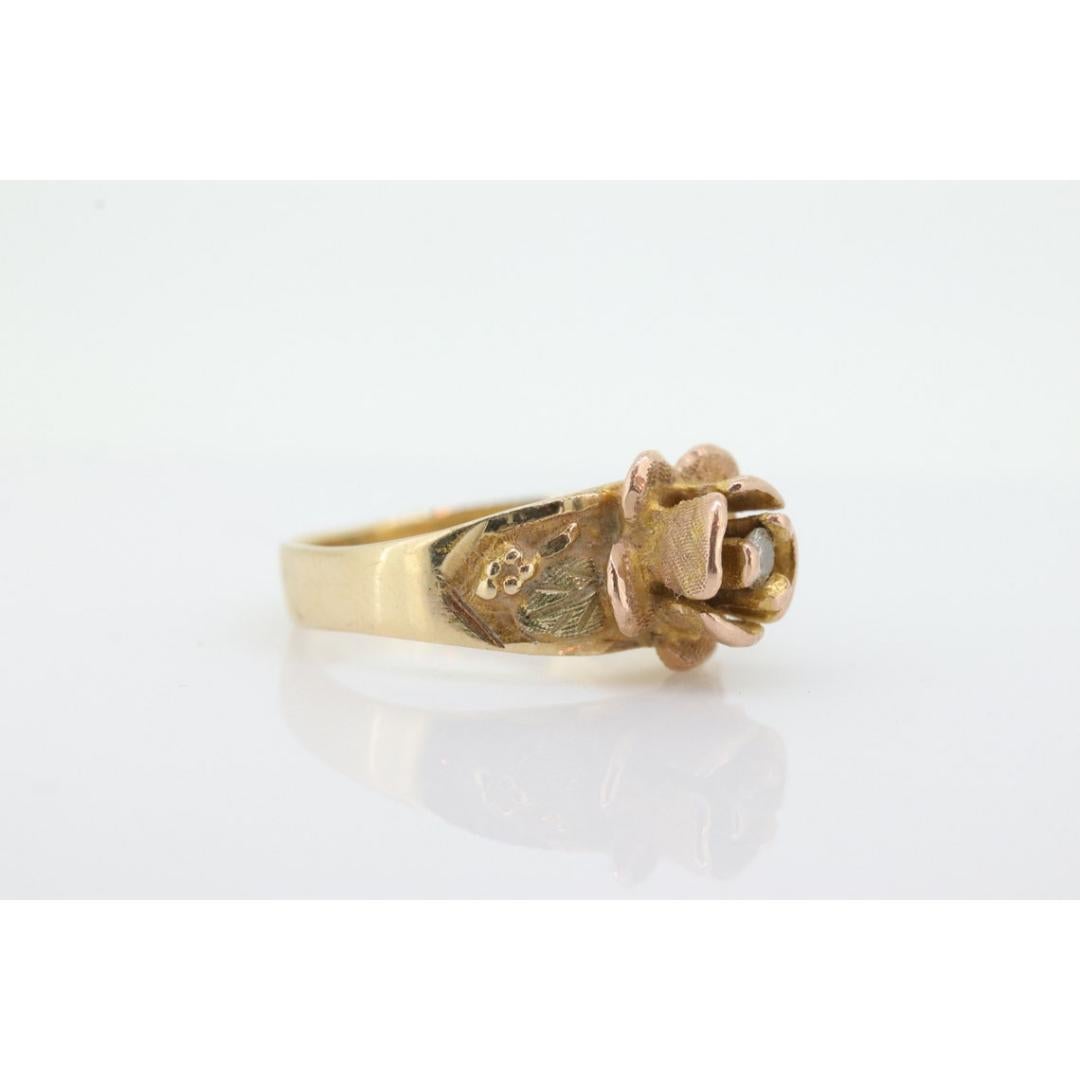 Women's or Men's Black Hills Gold Ring. Antique Diamond Ring. 10k Rose Pedals diamond set Gold. For Sale
