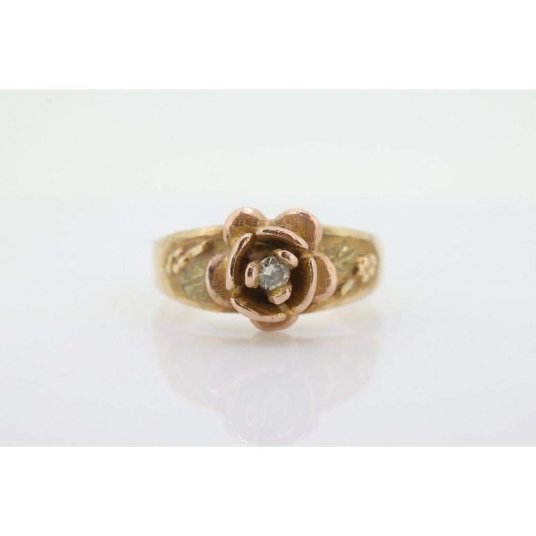 Black Hills Gold Ring. Antique Diamond Ring. 10k Rose Pedals diamond set Gold. For Sale 1