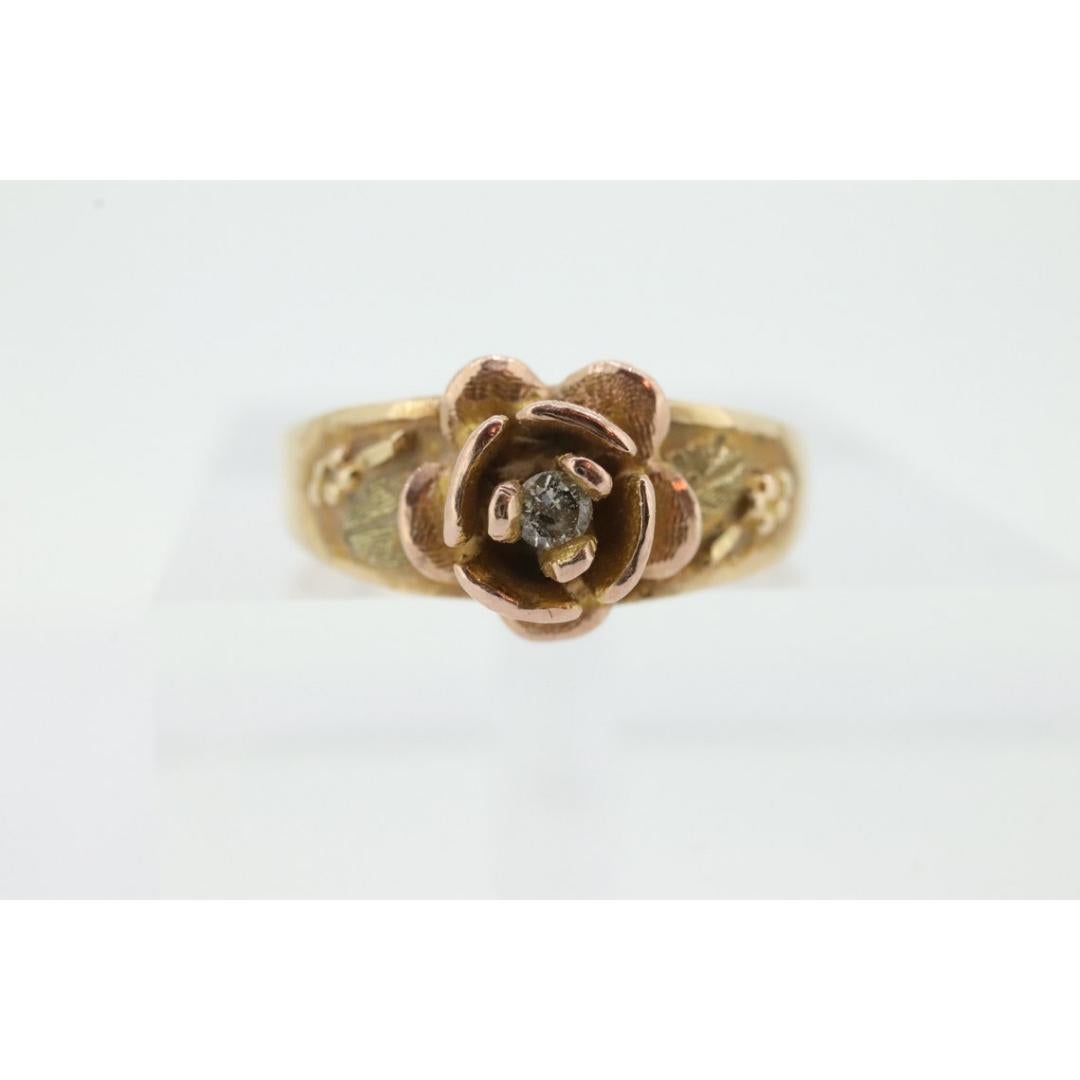 Black Hills Gold Ring. Antique Diamond Ring. 10k Rose Pedals diamond set Gold. For Sale 2